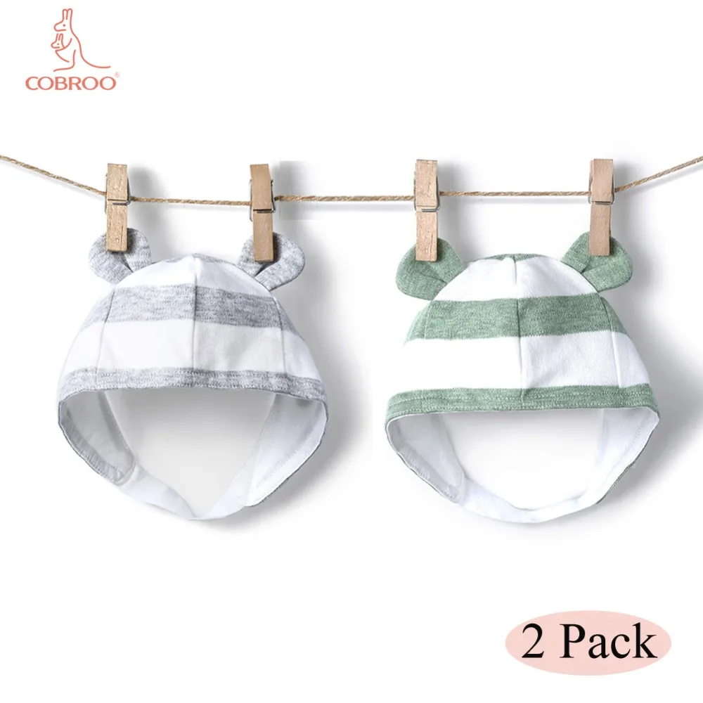COBROO 100/% Cotton Baby Beanie Hats 2 Pack Solid Color with Cute Bear Ears Baby Knit Caps 0-6 Months
