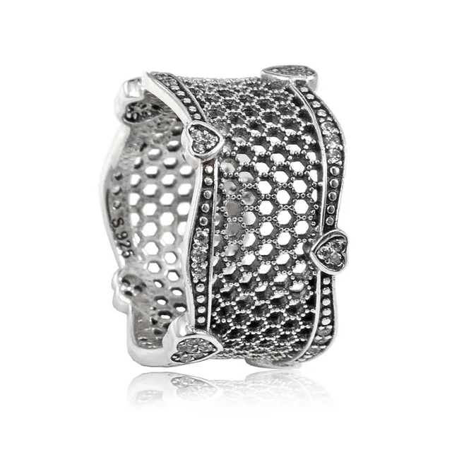 

100% 925 Sterling Silver Original Honeycomb Lace Pan Ring With Clear CZ For Women Bead Charm Gift DIY Jewelry