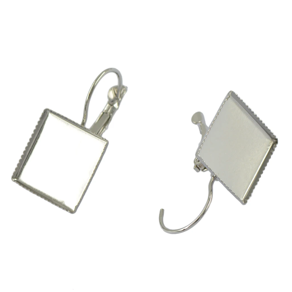 12pcs Earring Wire Hook 16mm Blank Square Bezel Cabochon Setting Silver