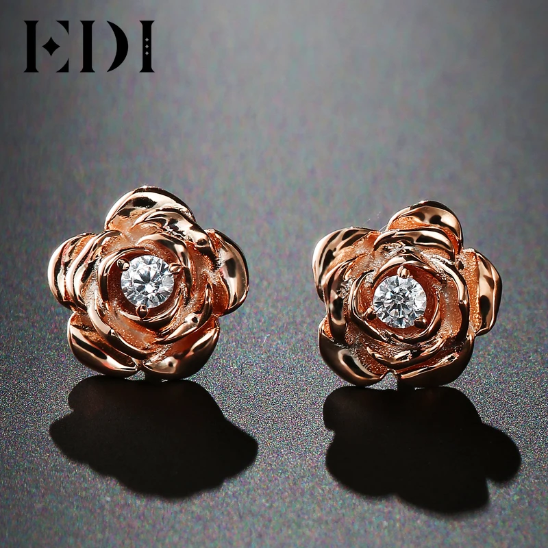 EDI Genuine Moissanites Diamond 14k 585 Rose Gold Stud Earrings Rose Floral Female Wedding Fine Jewelry