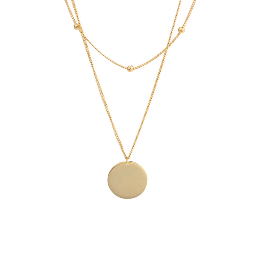 

LEVEN FANCY Double Layer Chains 925 Sterling Silver Ball Beads Chain Jewelry Gold Round Blank Disc Pendant Choker Necklace Women