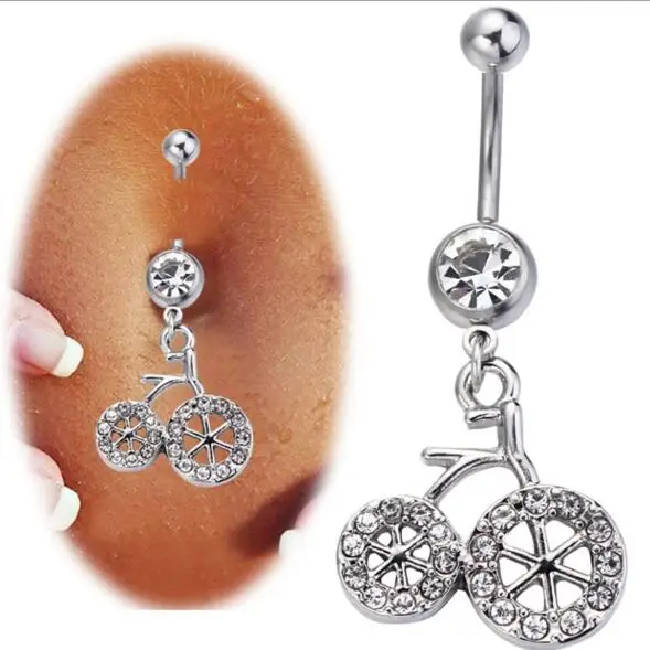 Cute Bicycle Dangle Belly Button Ring Sexy Crystal Double Piercing