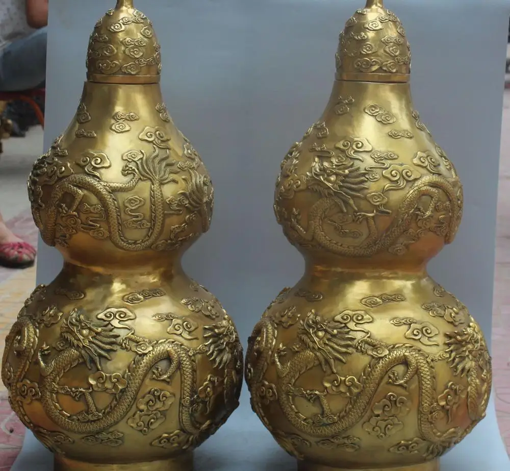 

28" Marked Chinese Bronze Fengshui Dragon Calabash Cucurbit Gourd Wine Pot Pair