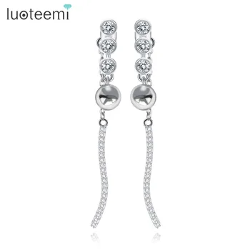 

LUOTEEMI Brand Korea Style Long Line Pendant Double Side Drop Earrings with Clear Zircon Brincos for Women Party Jewelry Gift
