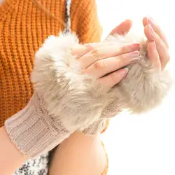 Модные милые женские вязаные перчатки без пальцев из искусственного меха кролика зимние теплые варежки