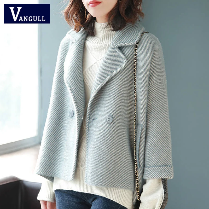 

Vangull Women Woolen Jacket Korean version New Female Striped Loose Wool Coat 2019 Winter Turn-down Collar Plus Size Outerwear
