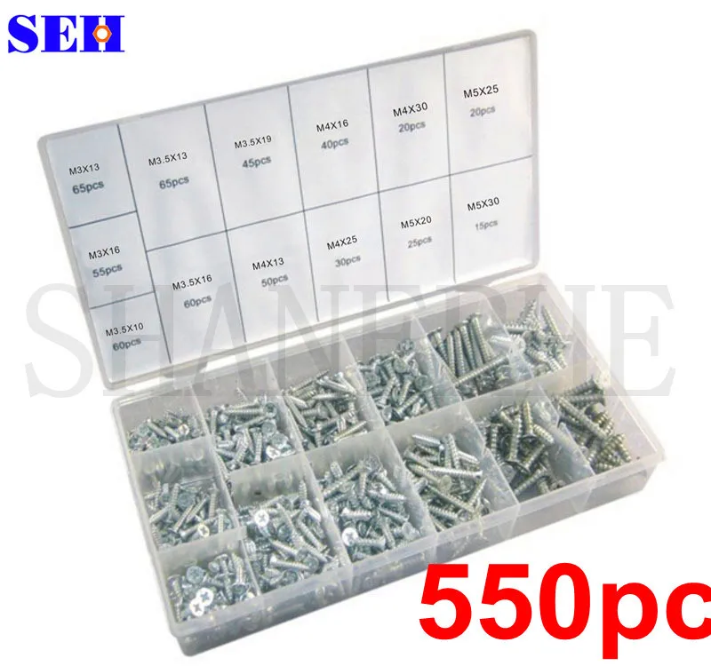 

1 Box 550pc Tapping Flat Head Screw / Grub Screw / Suit / Combination Of Equipment / Galvanized Self-Tapping Screws Kit