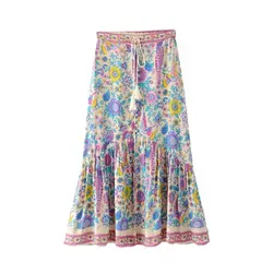 Мода 2019 г. Boho Винтаж Цветочный птица длинная юбка с принтом для женщин линии Высокая талия кружево до кисточкой пляж плиссированные юбки
