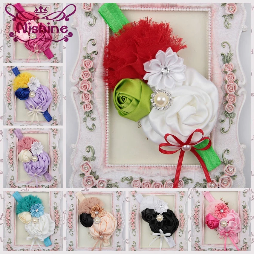 

Nishine Christmas Gift Kids Girls Headband Shabby Rose Flower Elastic Headbands Hair Bow Children Hair Accessories Photoshoot