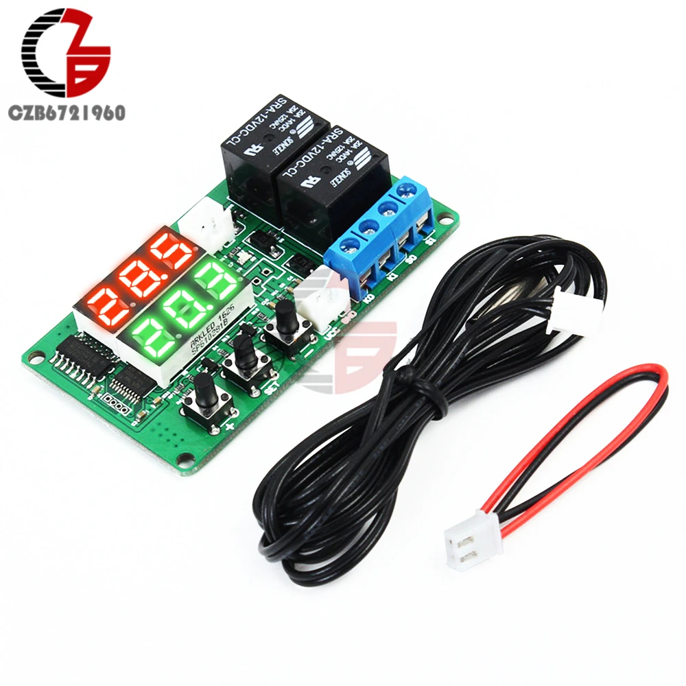 

12V Digital Thermostat DC Temperature Controller Dual LED Display 2 Channel Relay Thermometer Weather Station Control Switch