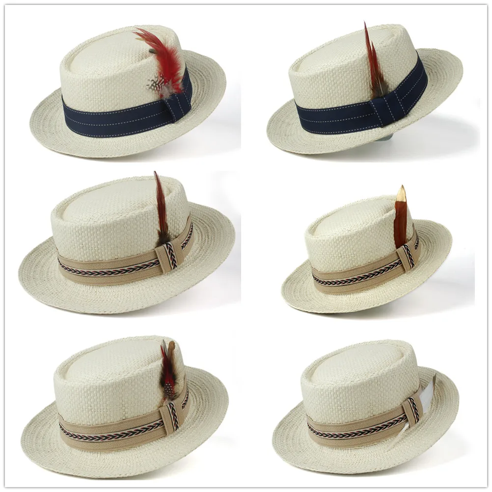 Большой размер, женская и мужская шляпа от солнца, летняя шляпа от свинины, шляпа от солнца, Женская плоская шляпа с перьями, Пляжная Панама, шляпа от солнца, размер 57-60 см