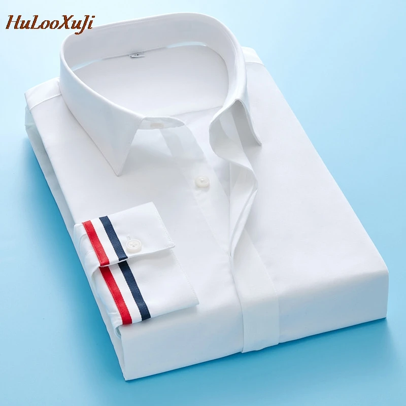 HuLooXuJi الرجال الأزياء قمصان عارضة الأعمال أبيض وأسود طويل الأكمام صالح سليم الرسمي مرونة الولايات المتحدة حجم: XS-3XL