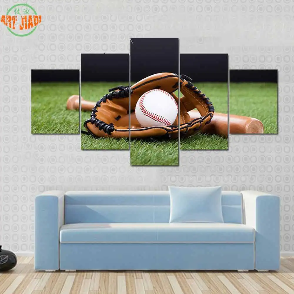 4 Piece or 5 Piece Canvas Art BASEBALL AND BAT LYING ON GREEN GRASS HD