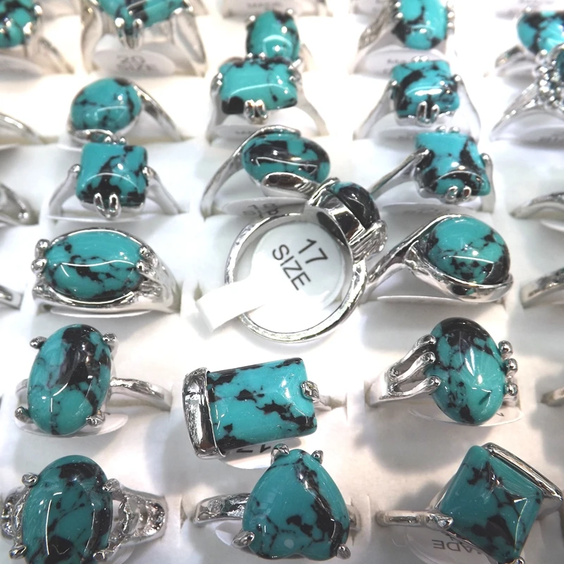 Mixed Size Natural Turquoises Rings With Black Decorative Pattern 50pcs/lot