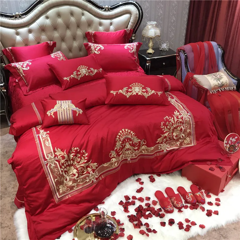 Waliicorners Egyptian Cotton Luxury Embroidery Red Wedding Bedding set Duvet cover Bed Sheets,Silky Ultra soft Queen King size 4/6/9- 16 IMG_8780