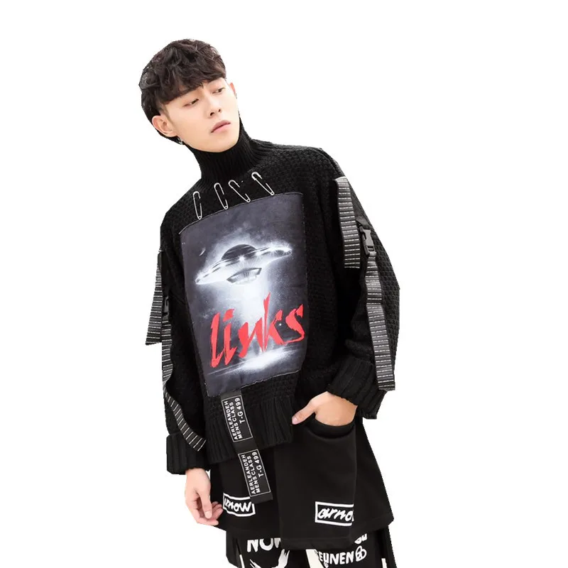 

2019 Semi-high collar sweater new style heightened hip-hop handsome loose sweater men's fashion Pullover knitted sweater winter