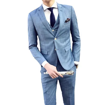

3 piece suits men wedding groomsmen suits British style slim plaid (blazer + vest + pants) business high-end suits