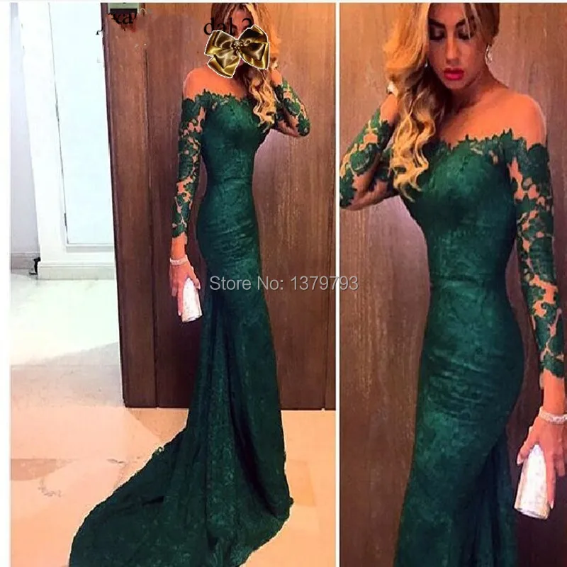 Verde Smeraldo Abiti Da Sera Sexy Pura Del Merletto Di Applique Lunga Promenade Della Sirena Abiti Eleganti Manica Lunga Abito Da Sera Per Le Donne Dress Long Sleeve Tunic Dress Dress Barndresses Cotton