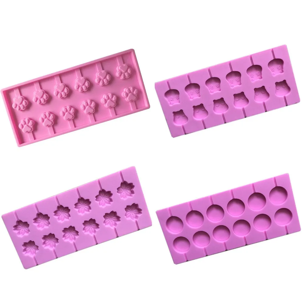 

12 Even Silicone Lollipop Mold with 20pcs Plastic Sticks Cherry Blossoms Cat Claw Bear Chocolate Mold Candy Bar Fondant Molds