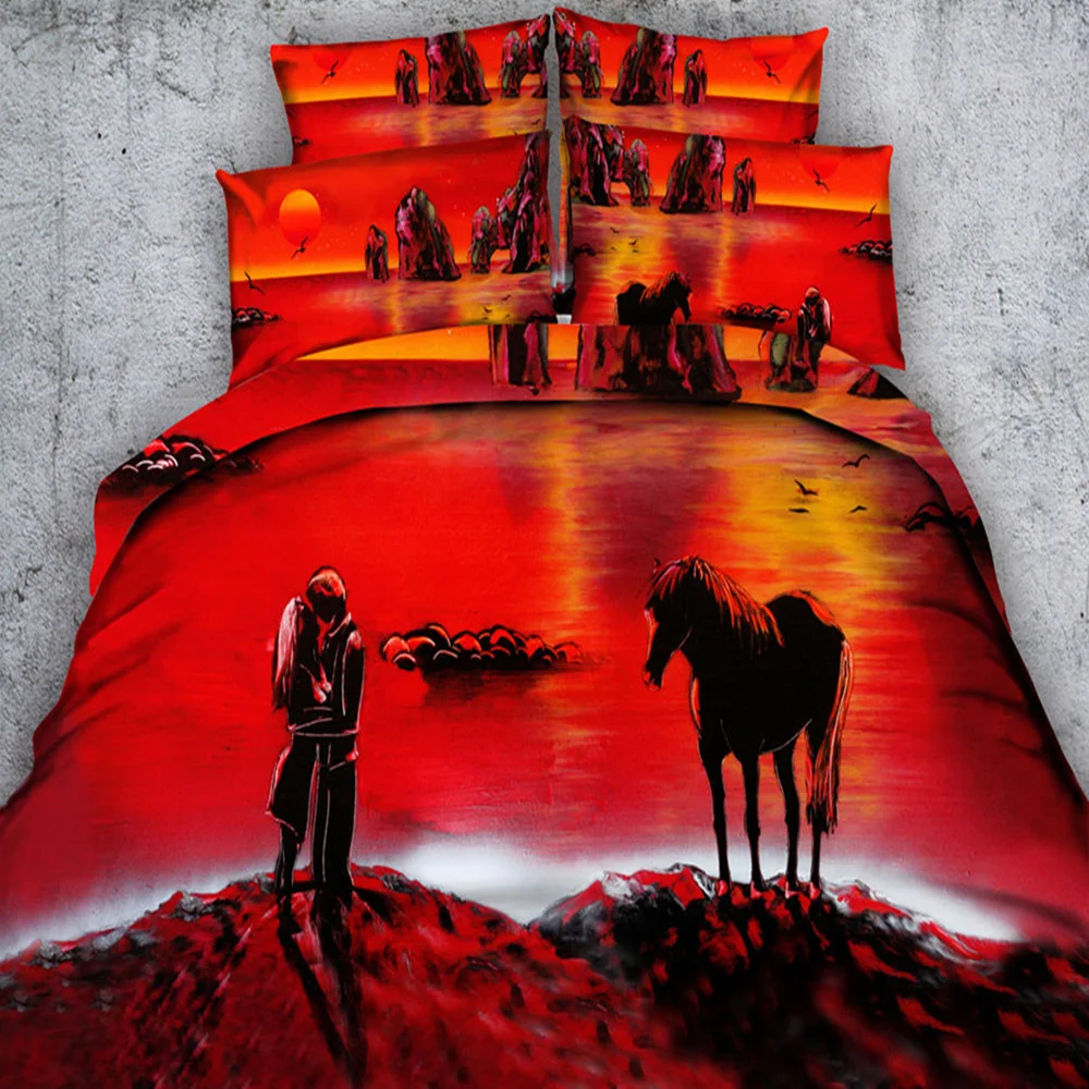 

3D Reactive Print Girls/Adult Bedding Sets 3/4PC Lovers Horse in River Twin Queen King Size Woven 500TC Bedspread Pillowcase Red