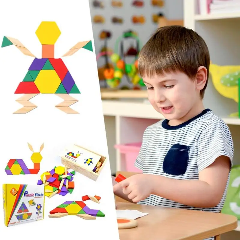 Wooden Tangram Shape Jigsaw Puzzle Box Kids Geometric Shape Puzzle Macthing Game Board with construction drawings Children Toys