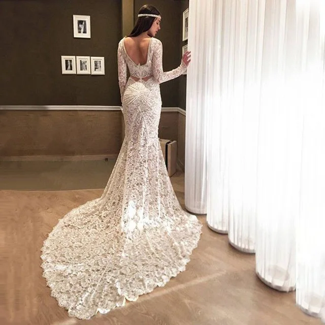 elegante beige perlas de vestidos de novia 2017 v cuello de manga