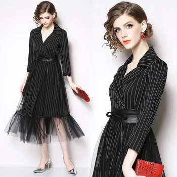 

Elegant Notched Collar OL Dress Women 2019 Spring Designer Long Sleeve Striped Midi Tulle Patchwork Blazer Dress Formal Dresses