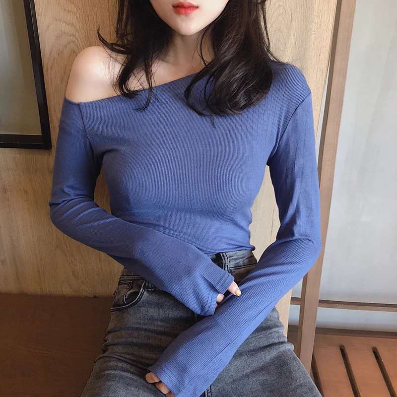 

2019 New Women's Slim Simple Sexy Off-shoulder Full Sleeve T-shirts Girls Solid Stretchy Tshirt Tops