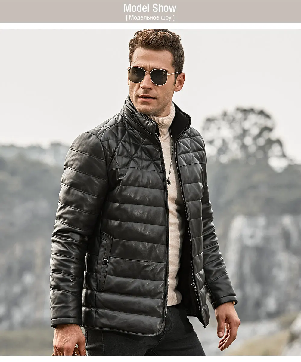 FLAVOR Men's Real Leather Down Jacket Men Genuine Lambskin Winter Warm Leather Coat with Removable Sheep Fur Collar