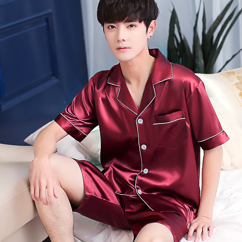 2019 Two-Piece Short sleeve silk men sleepwear suit Solid Blue satin men pajama sets pajama man summer pyjama male Plus Size XXL