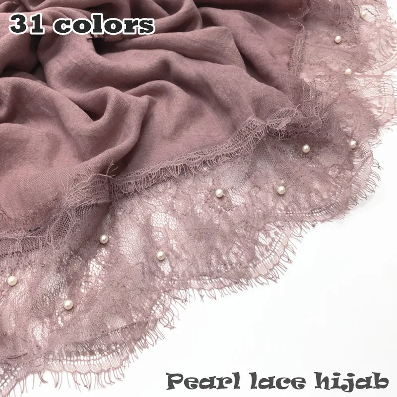 

31 color Luxury pearl lace hijab scarf plain maxi shawl popular Muslim lace scarfs headbands hot sale 10pcs/lot