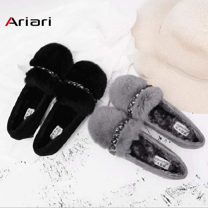 

Sequined Woman Shoe big size 35-44 Loafer Furry Lady Fashion Rhinestone warm Autumn winter Women's Shoes with rabbit fur