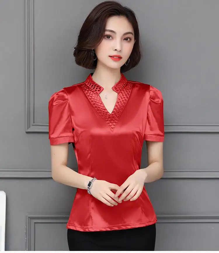 Лето бриллиантами Атлас короткий рукав блузки Топы Для женщин офисные элегантные модные корейские узкие пуловер с вырезом в виде буквы V Топы Femininas - Цвет: red
