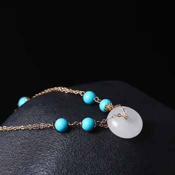 

Real 14k Gold Plated Charm Bracelets For Women Original Handmade Diy Chain Natural Turquoise Stone White Jade Peace Buckle