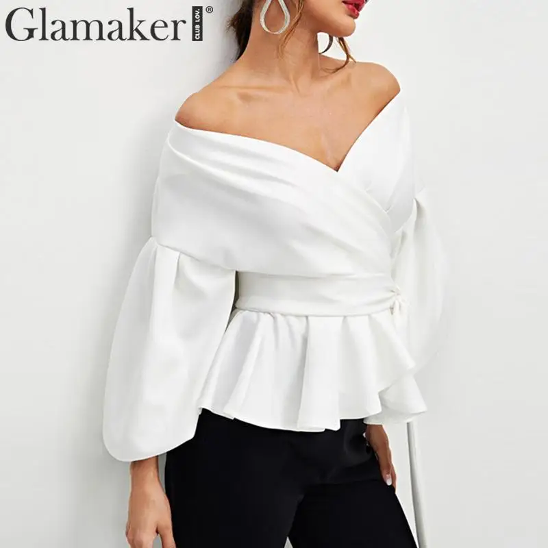 Glamaker Сексуальная Блузка с открытыми плечами рубашка женская летняя белая