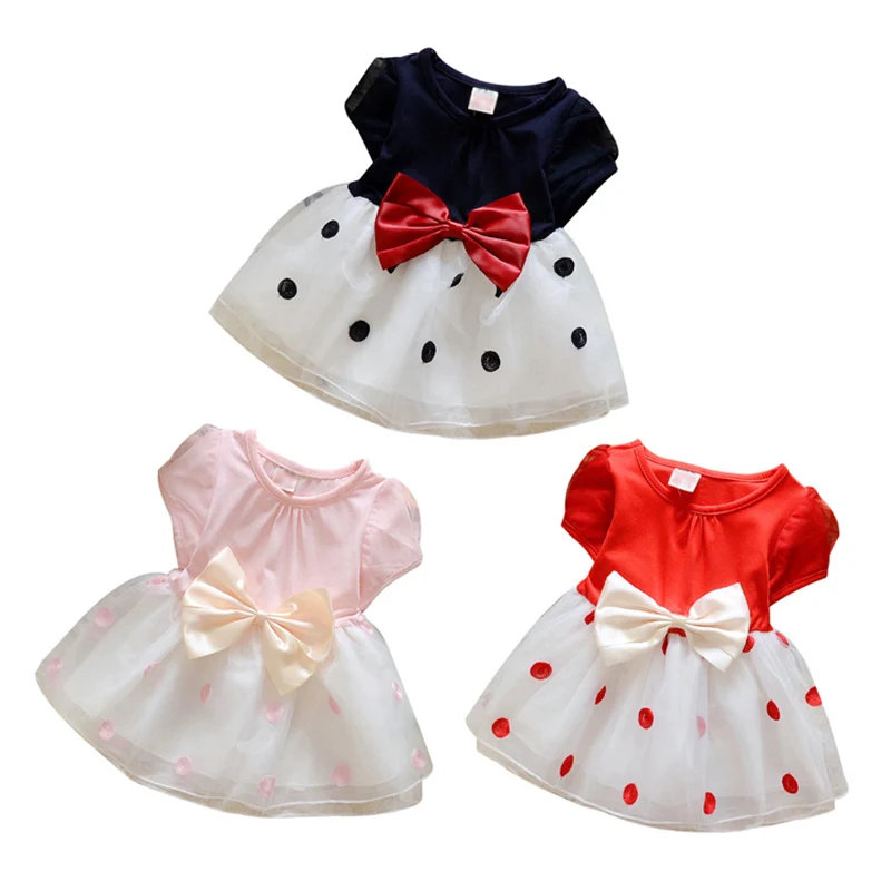 

Dress Babys Girl Sleeve Lace Costume Tutu Tulle Dress Babys girl Clothes Cute Casual Short Sleeve Dot Print Dress with Bowknot