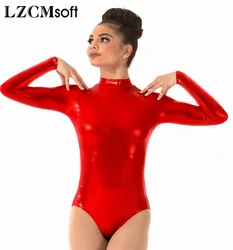 LZCMsoft Women's Long Sleeve Leotards Turtleneck Gymnastics Dance Leotard One Piece Stage Performance Shiny Metallic Bodysuits