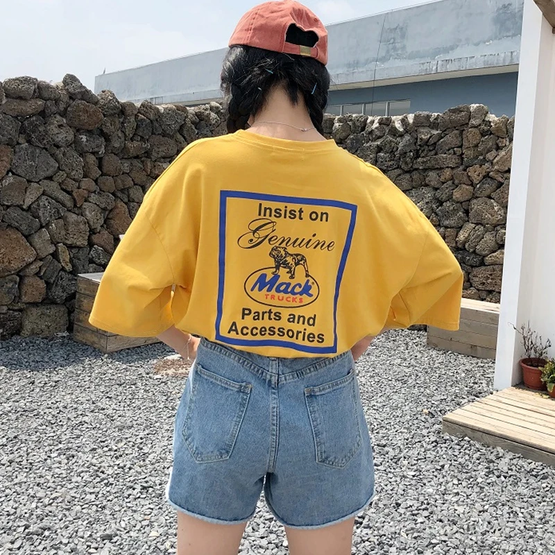 korean fashion Summer T shirt women letter printing loose casual harajuku T-shirt Short Sleeves yellow tshirt big size Tops Tee