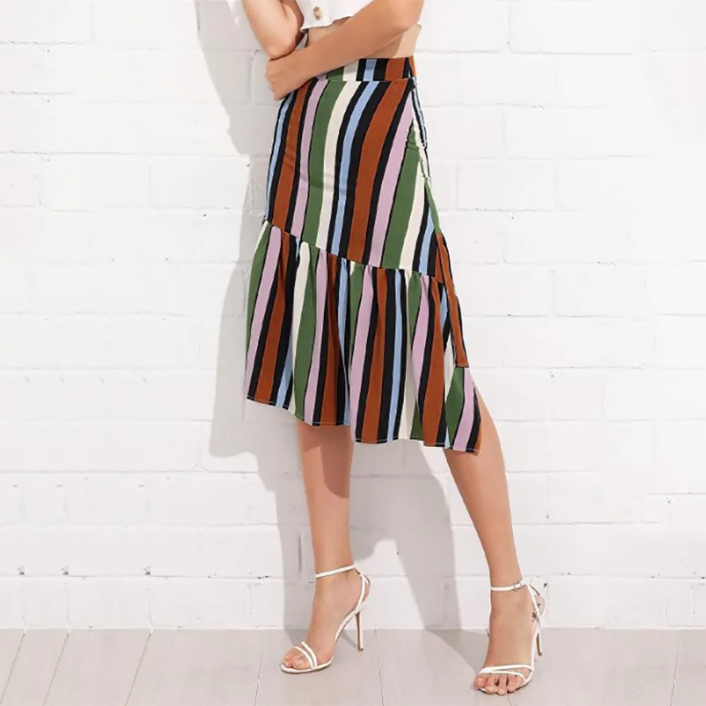 Летняя женская полосатая печать стандартная юбка складывается рюшами длинная Макси юбка saias midi para as mulheres* 4