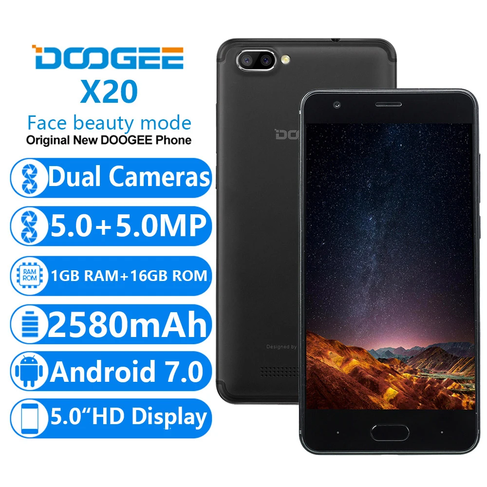 Original DOOGEE X20 MTK6580A Quad Core 1GB RAM 16GB ROM 2580mAh Dual Camera 5.0MP+5.0MP Android 7.0 5.0''HD Smartphone WCDMA