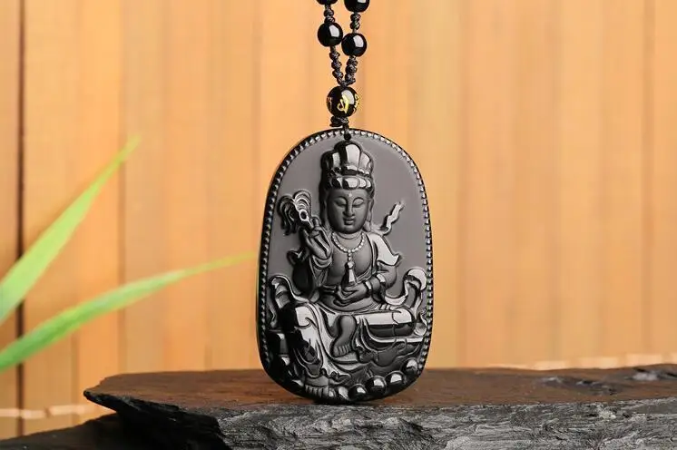 

Natural black obsidian hand carved sit guanyin amulet pendant+Rope Necklace