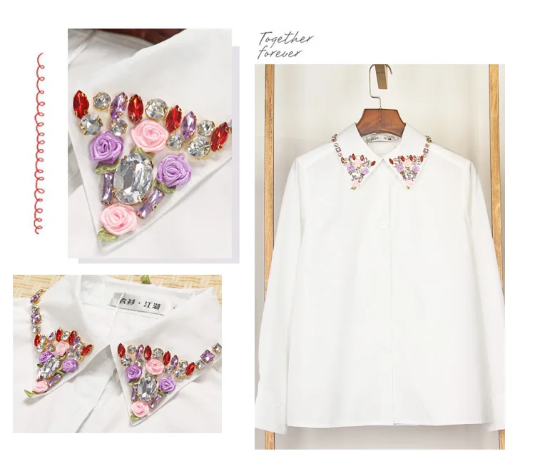 Дизайнерские Роскошные Рубашки для женщин, стразы, бисер, цветы, отложной воротник, длинный рукав, белая блузка, топы