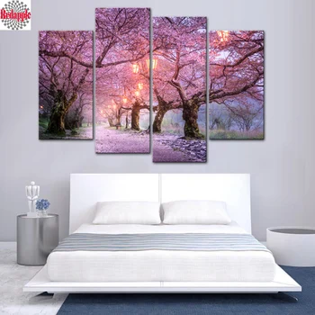 

4 Pieces diamond painting full square Pink Cherry Blossoms Tree 5d diy embroidery mosaic For Living Room Modern art Landscape