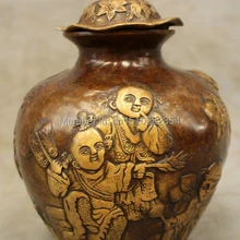 Народные Китайские Бронзовые Резные Фэншуй Kid Дети Шоу Персик Статуя Банку Горшок Бак