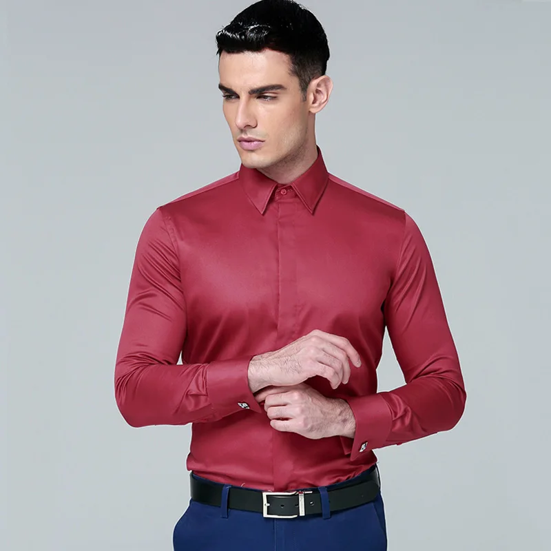 Regular Fit Shirts for Men Business Long Sleeve Cufflink Cotton Solid Color Camisas De Hombre dress shirts men casual shirts