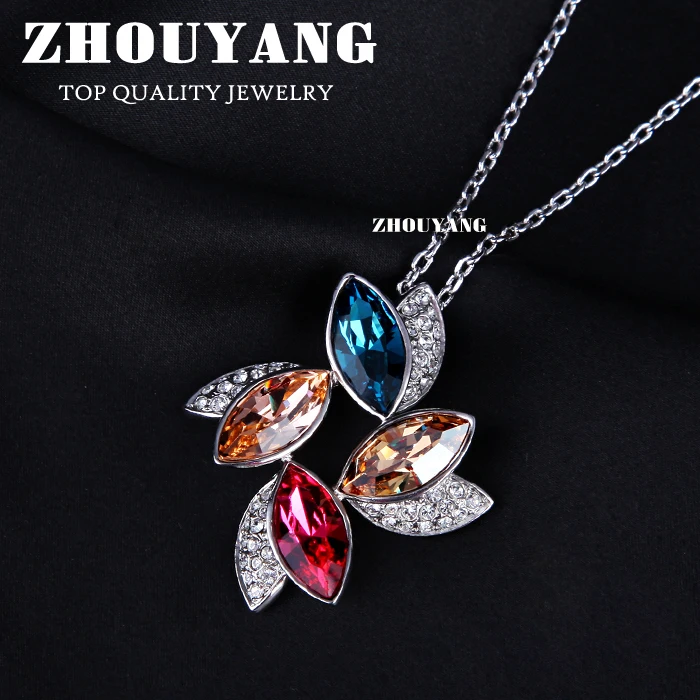 ZHOUYANG Top Quality ZYN436 Luxurious Flower Crystal Necklace Silver Color Fashion Jewellery Nickel Free Pendant Crystal