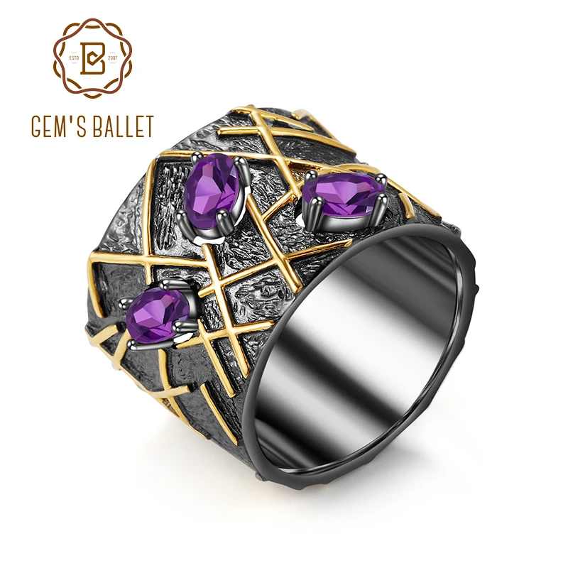 

GEM'S BALLET Natural Amethyst Gemstones Ring Pure 925 Sterling Silver Original Handmade Round Rings for Women Engagement Jewelry