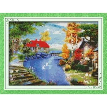 

Everlasting Love The Red House Near The Lake Chinese Cross Stitch Kits Ecological Cotton Printed 11CT DIY Christmas Decorations