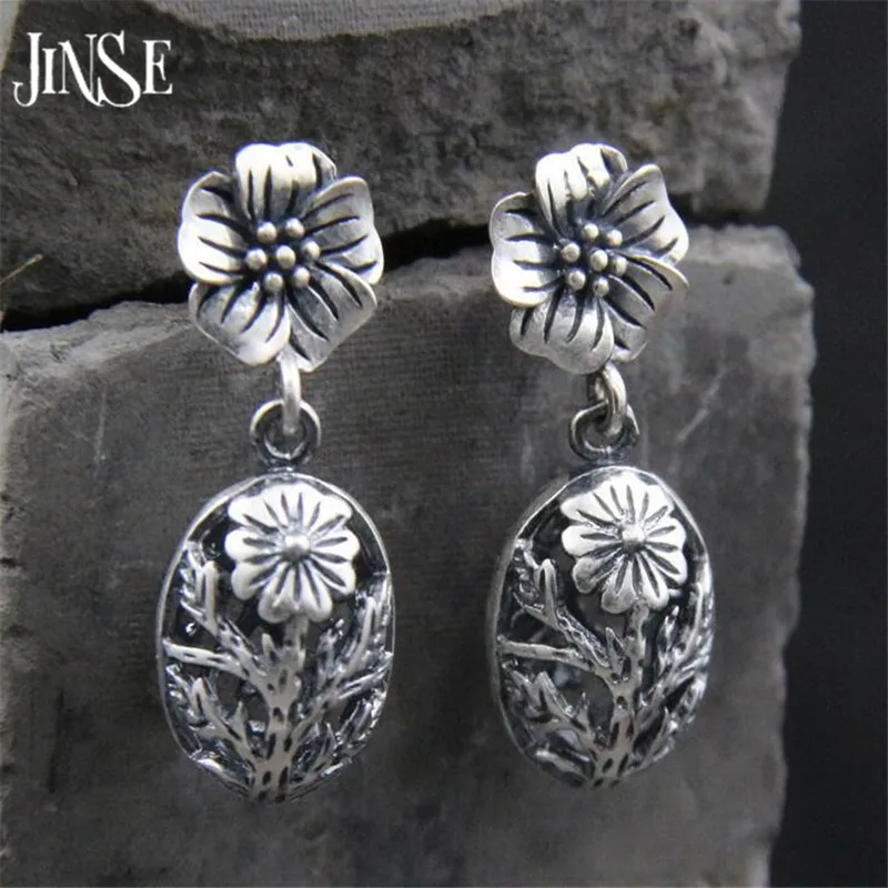 

JINSE 2017 New S925 Antique Silver Color Hollow Drop Earring for Women Boho Retro Vintage Flower Dangle Earring 10.5mm*17.5mm