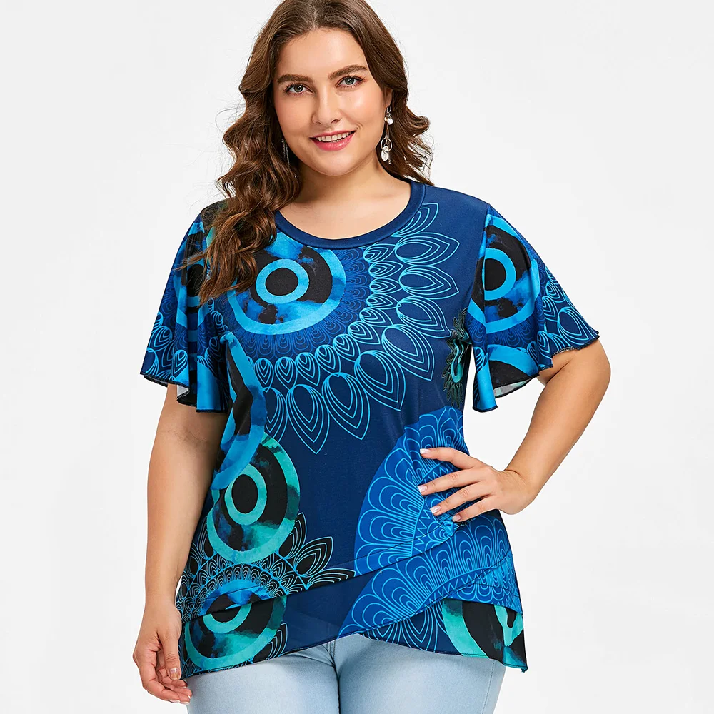 AZULINA Plus Size Print Flutter Sleeve Overlap T-Shirt Women T Shirt 2018 O Neck Short Sleeve Tops Tees Big Size Ladies Clothes